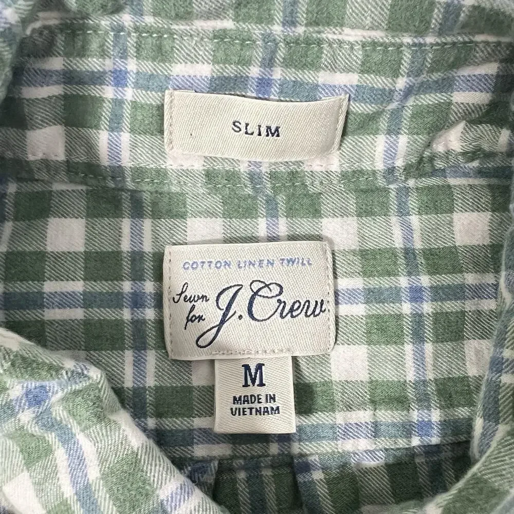 J.CREW Button Down Shirt Mens M Green Cotton Linen Twill Preppy Slim